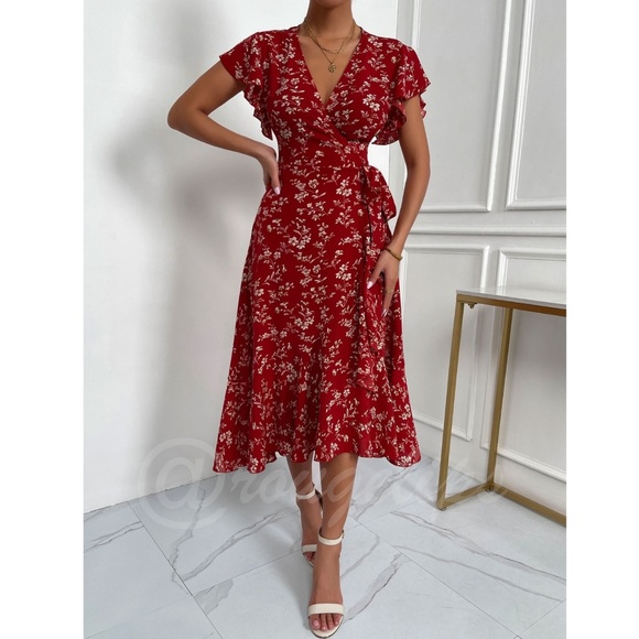 Boho Red Floral V neck Ruffle Hem Midi Dress Wrap Style Short Butterfly Sleeve - Picture 6 of 14